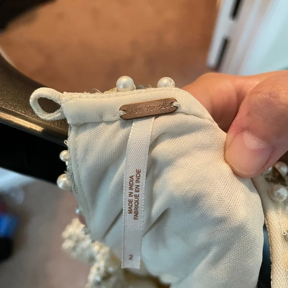 Free People Champagne Shine So Bright Dress Tulle Lace Beads Pearls Size 2 - Picture 9 of 10